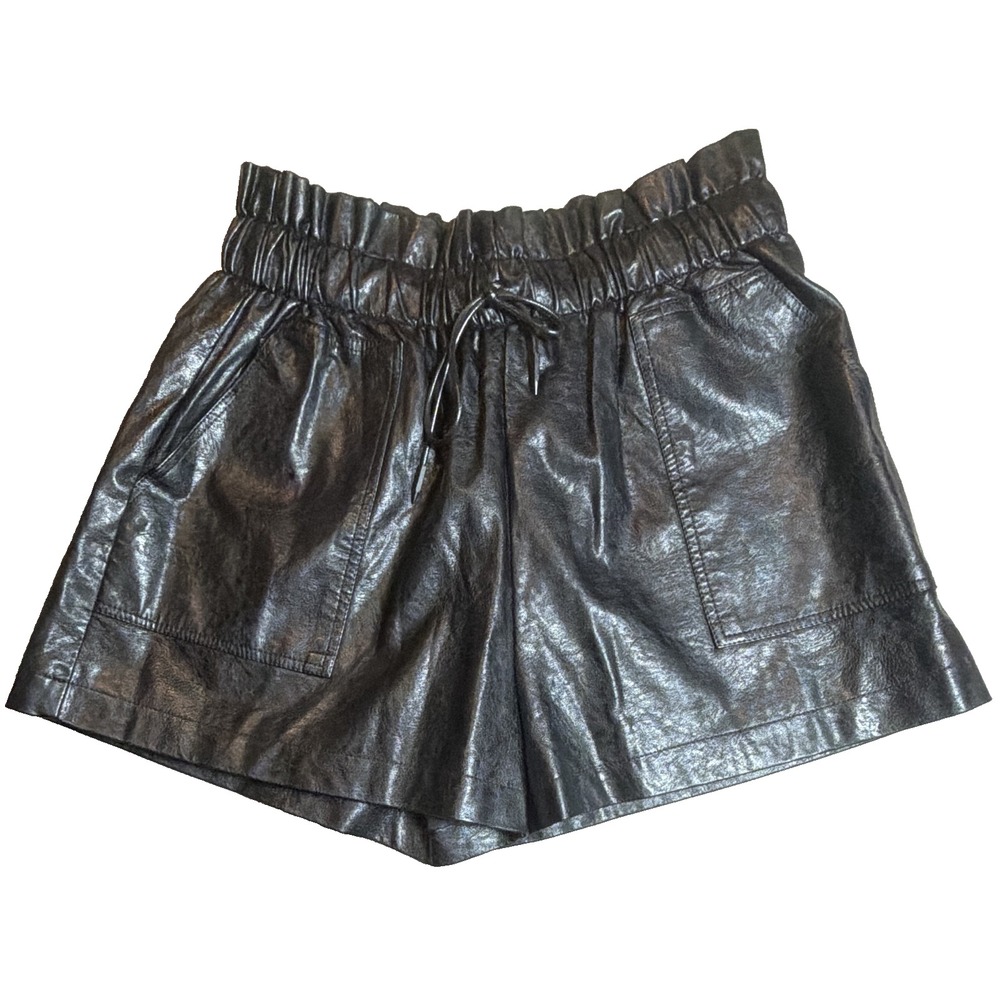 Women's Black Faux Leather Paperbag High Rise Shorts Elastic Waist Pockets L